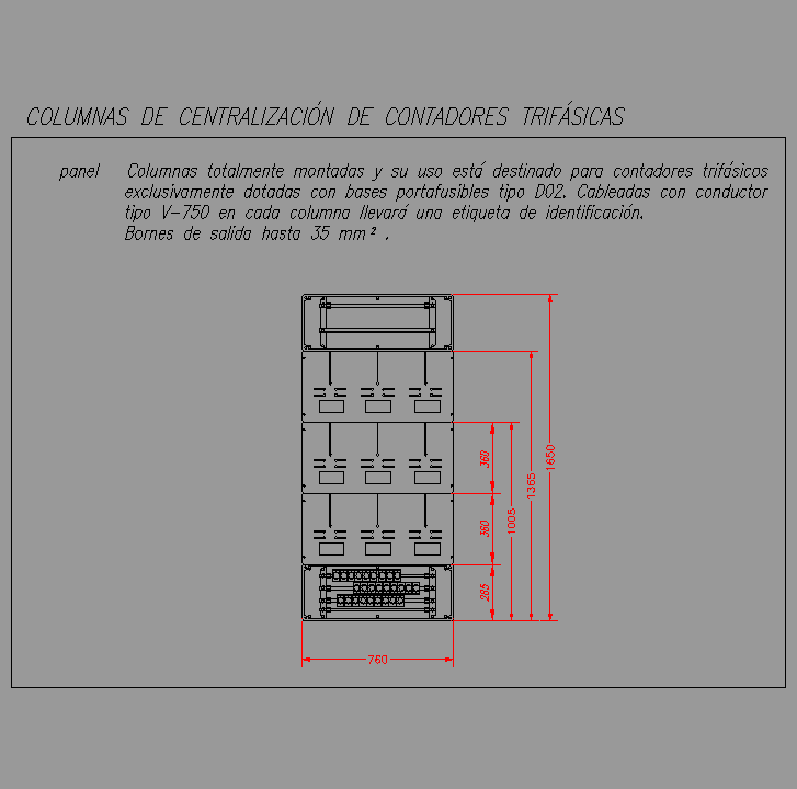 Bloque Autocad Panel de columna de centralización (3 cont/mód), 3 módulos III + N.